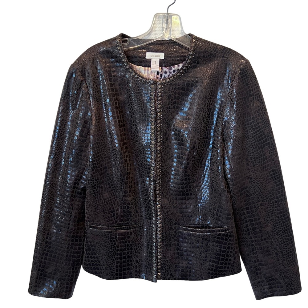 Chicos Brown Crocodile Embossed Studded Faux Leather Jacket Size M Animal Print